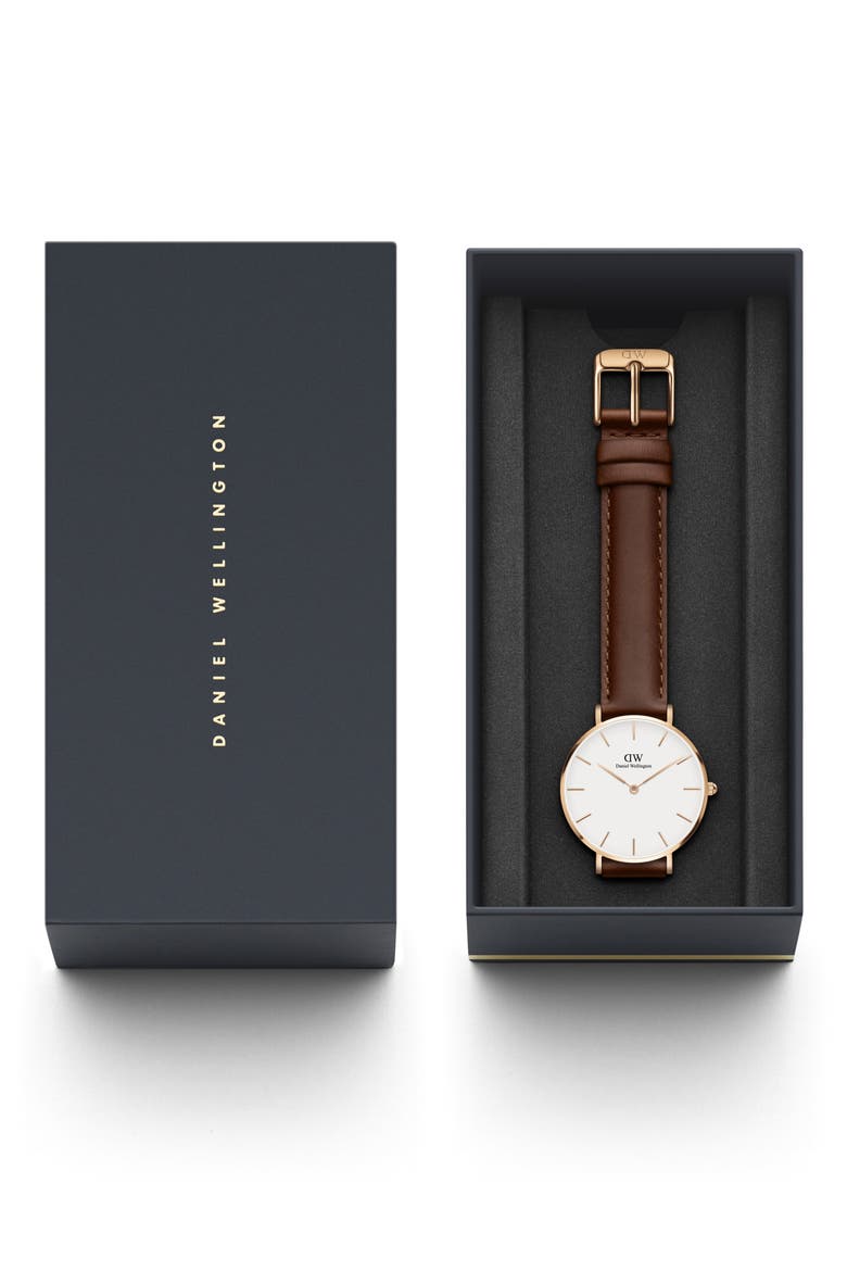 Classic Petite Leather Strap Watch, 32mm, Alternate, color, BROWN/ WHITE/ ROSE GOLD