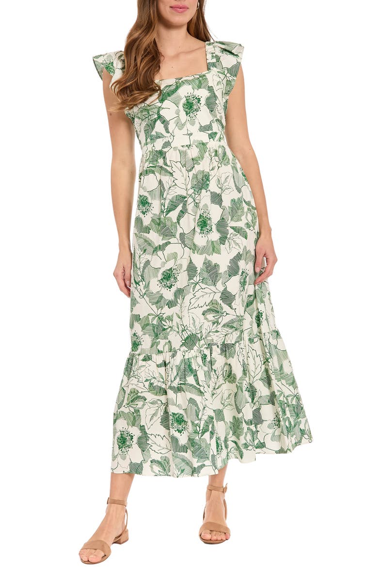 Ruffle Sleeve Square Neck Maxi Dress, Main, color, SOFT WHITE/ PINE