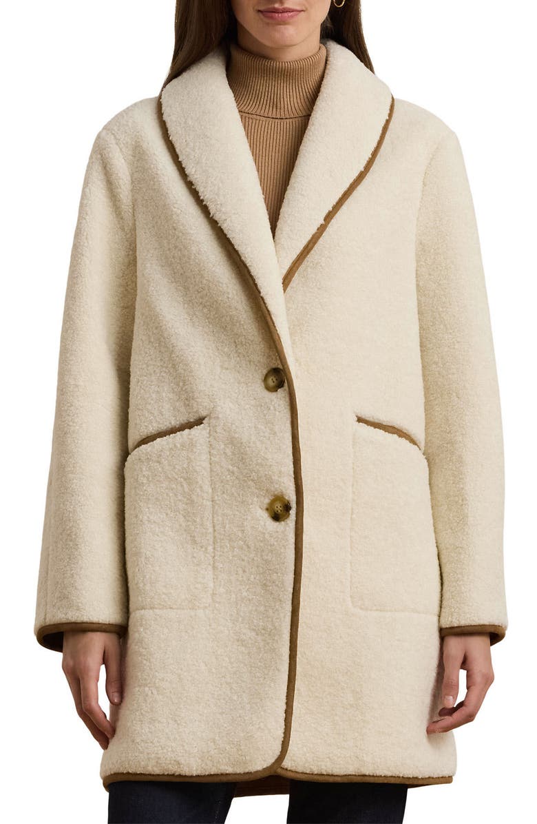 Lauren Ralph Lauren Shawl Collar Faux Shearling Coat, Main, color, Cream
