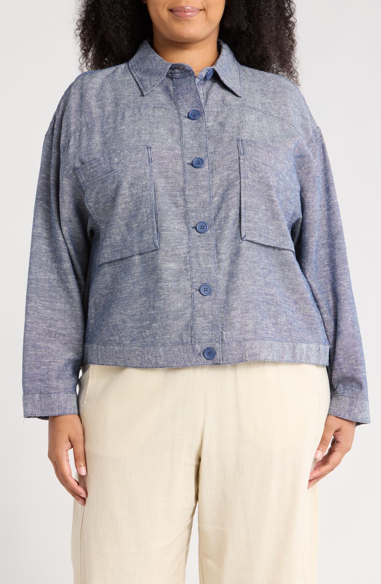 MAX STUDIO Cropped Linen Blend Shirt Jacket, Main, color, Navy Cross Dye