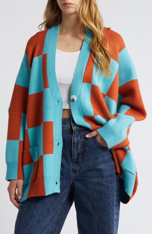 Dressed in Lala Love You Oversize Cardigan in Blue Orange Checkerboard 