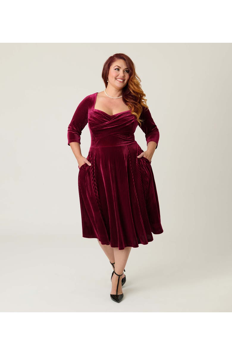 Unique Vintage Plus Size Pleated Bust Swing Dress, Alternate, color, Merlot