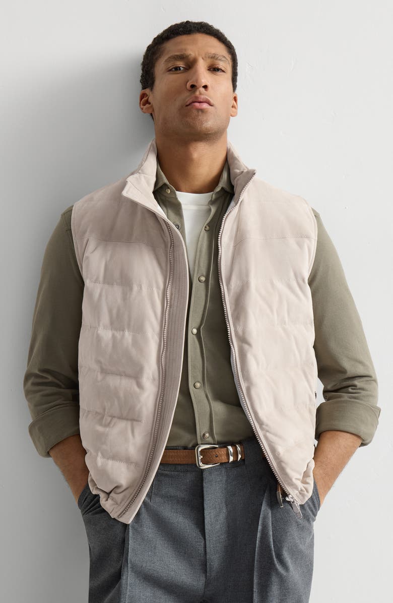 Brunello Cucinelli Suede down vest, Alternate, color, Light Brown