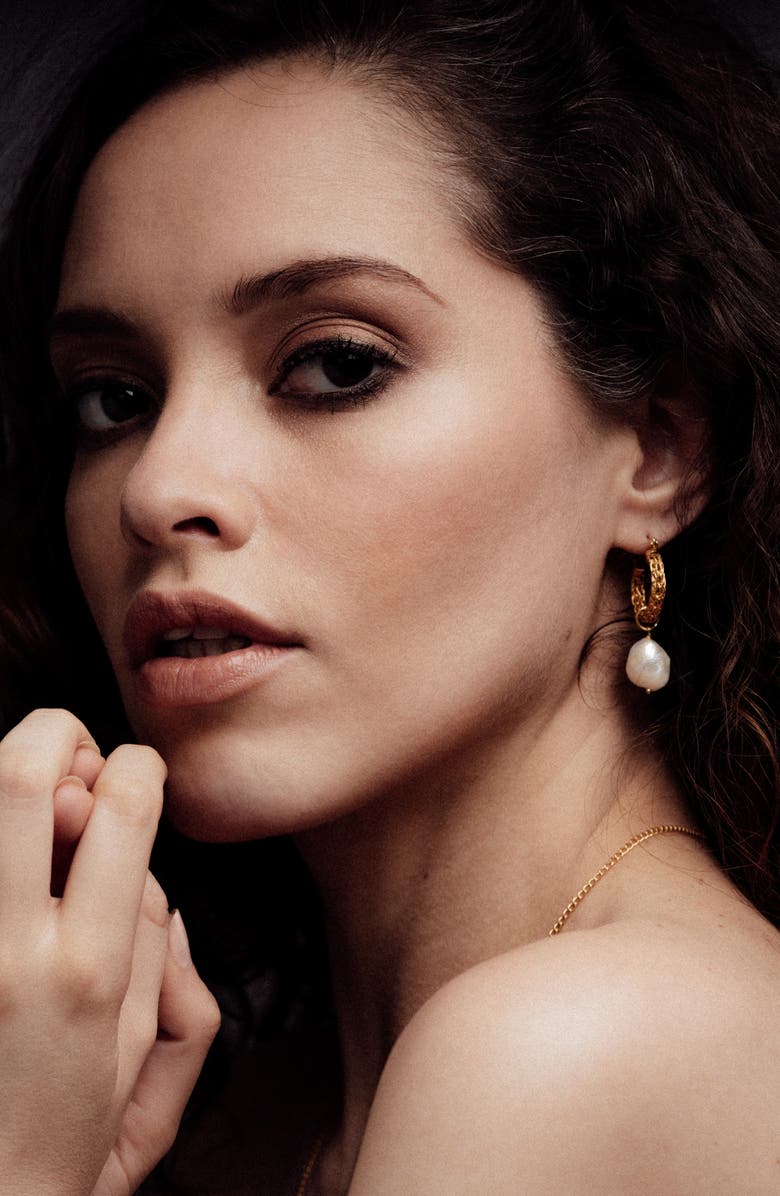 Freya Rose Gold Weave Mini Hoops with Baroque Pearl, Alternate, color, Gold