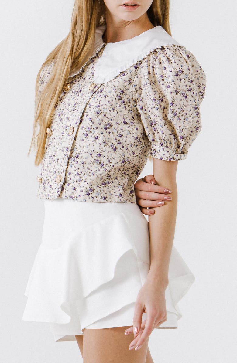 English Factory Oversized Collar Floral Double Breasted Blouse, Alternate, color,