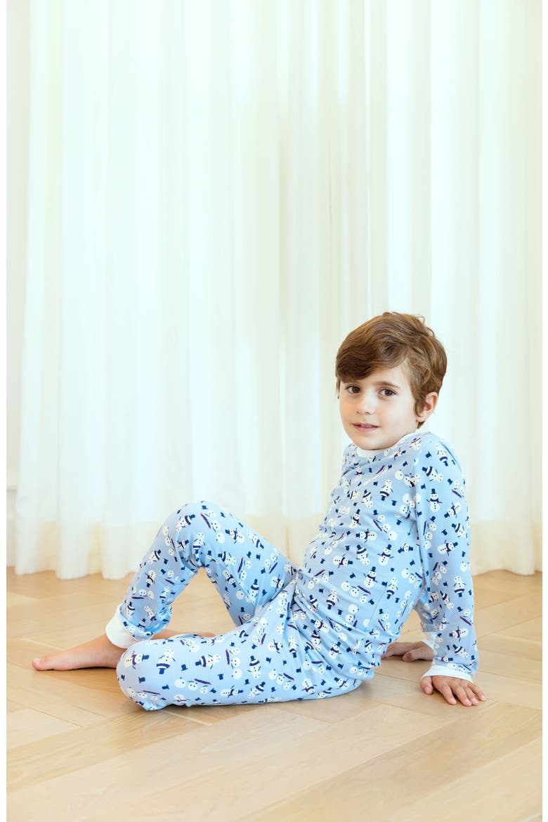 Snowman Fitted Two-Piece Stretch Organic Cotton Pajamas, Alternate, color, BLUE