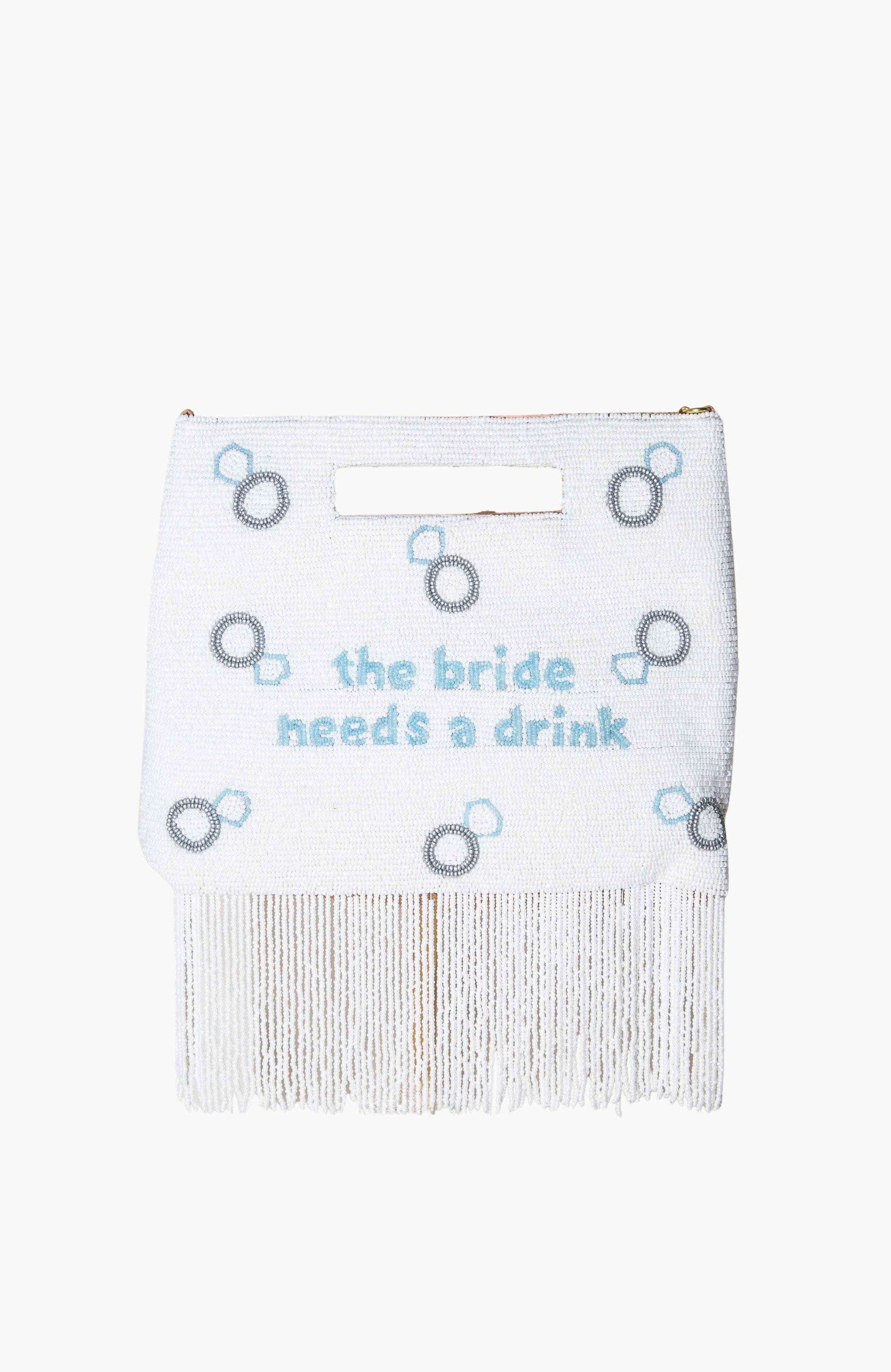 Island to East Side The Bride Needs a Drink Handle Pouch, Fringe, Main, color, White