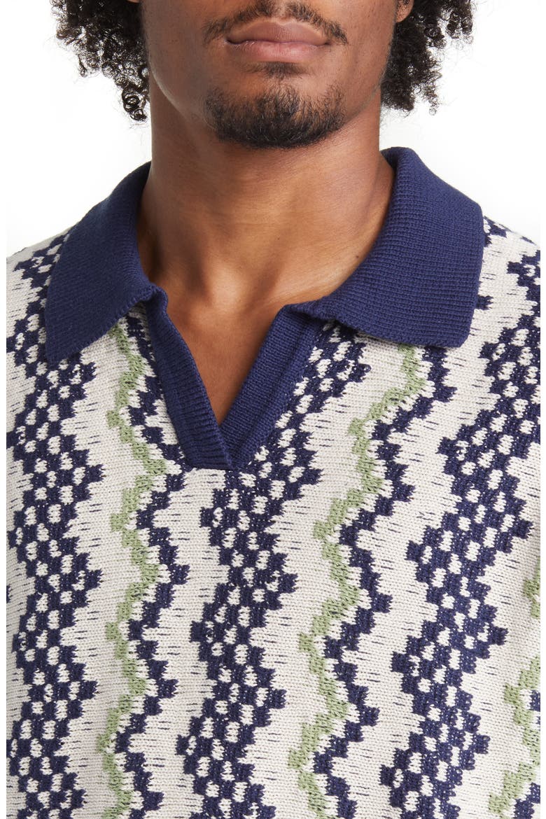 Crochet Johnny Collar Cotton Polo, Alternate, color, BLUE/ CREAM