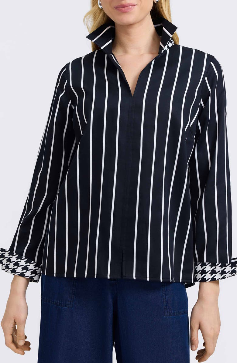 Foxcroft Agnes Stripe Cotton Popover Top, Main, color, Black/ White