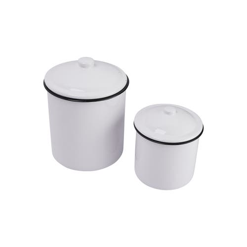 Storied Home Farmhouse Enameled Metal Canisters With Lids, White And Black, Set Of 2 Sizes In White