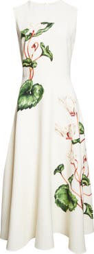 Oscar de la Renta Chiné Cyclamen Virgin Wool Blend Stretch Crepe Fit & Flare Midi Dress