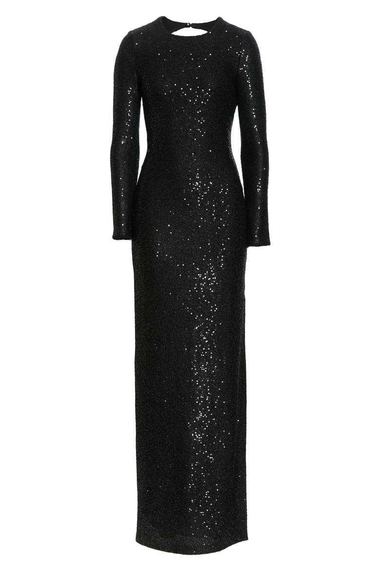Sequin Open Back Long Sleeve Gown, Alternate, color, BLACK