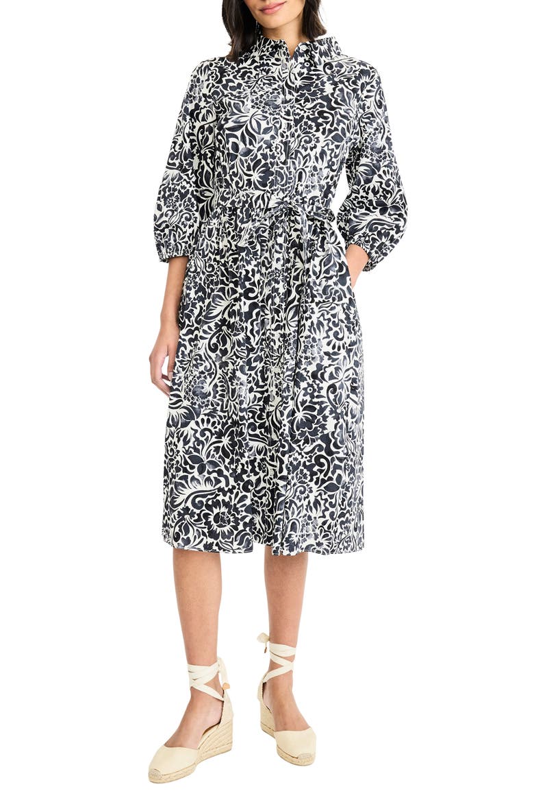 Floral Three-Quarter Sleeve Shirtdress, Main, color, SOFT WHITE/ GRAY