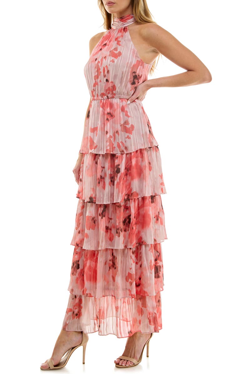Socialite Plissé Tiered Maxi Halter Dress, Alternate, color, Mauve/ Pink