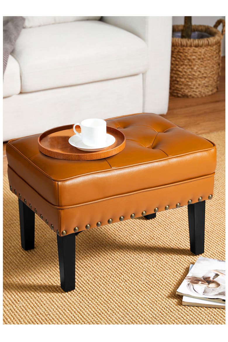 Modern Faux Leather Button-tufted Accent Stool, Alternate, color, Yellow