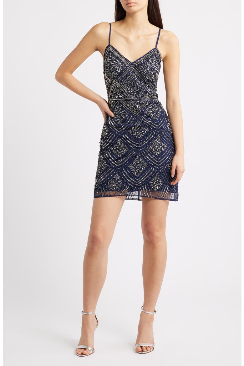 Beaded Minidress, Main, color, NAVY/ SILVER