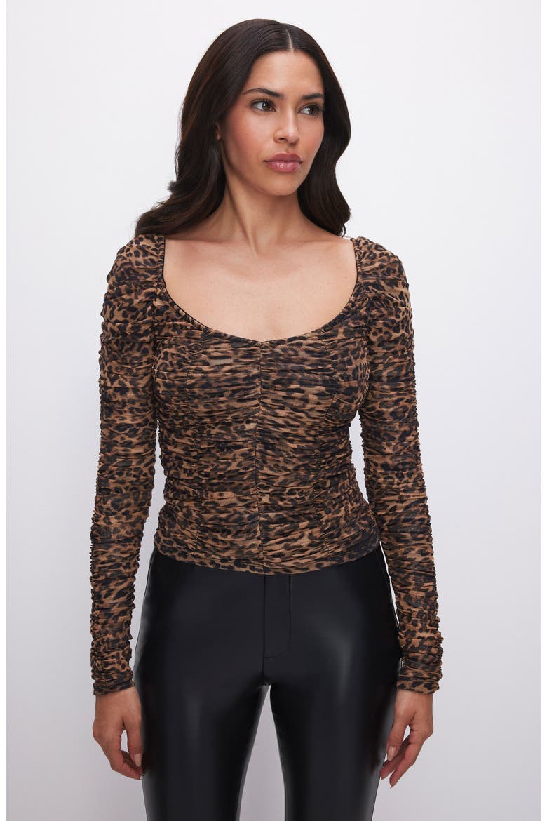Mesh Ruched Top, Alternate, color, WILD LEOPARD003