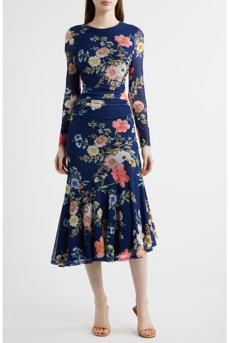 Floral Long Sleeve Mesh Body-Con Dress, Main, color, NAVY MULTI