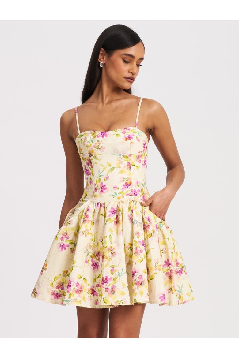 Valda Print Linen Mini Dress with Pockets, Alternate, color, Yellow pink floral print