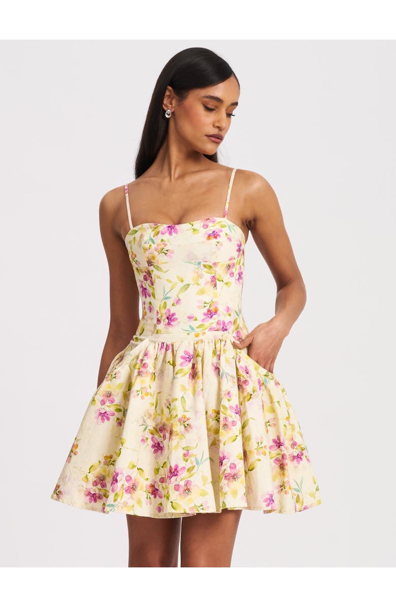 Miss Circle Valda Print Linen Mini Dress with Pockets, Alternate, color, Yellow Pink Floral Print