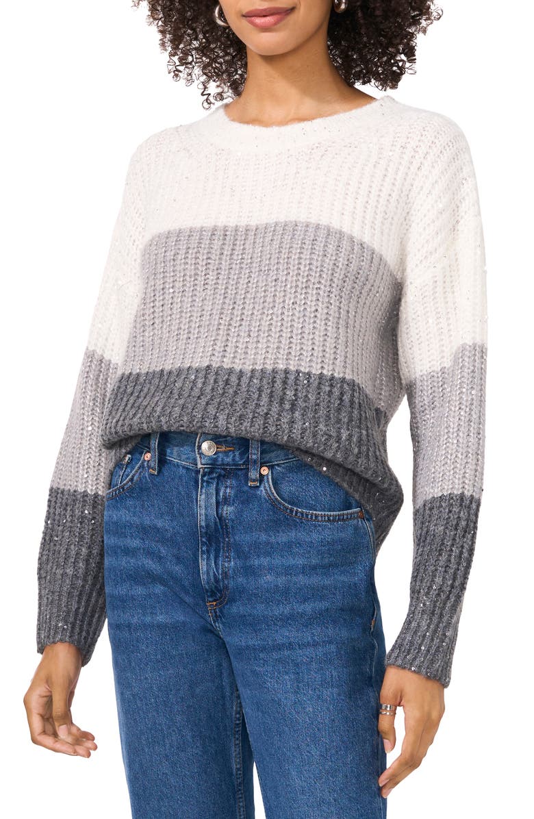Vince Camuto Sequin Colorblock Stripe Sweater, Main, color, New Ivory