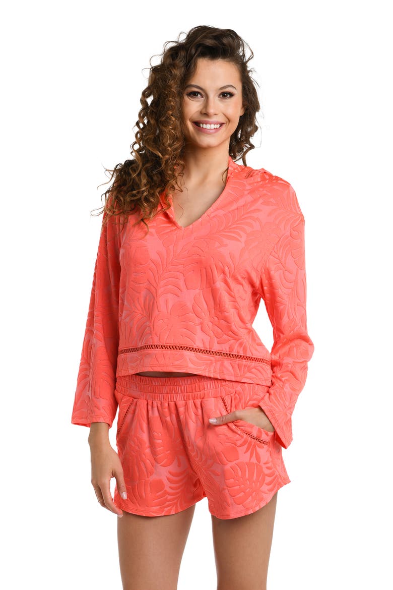 Island Palm Cover-Up Hoodie, Alternate, color, CORAL