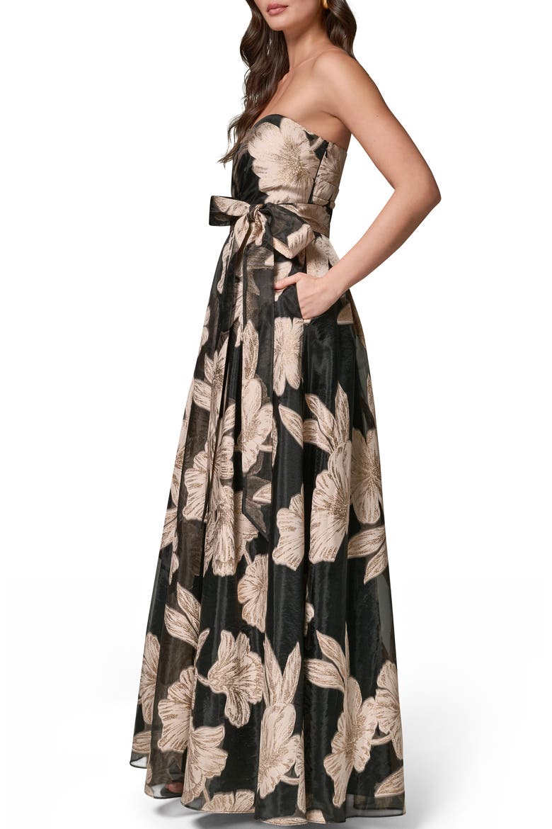 Strapless Floral Gown, Alternate, color, BLACK/ CANVAS MULTI