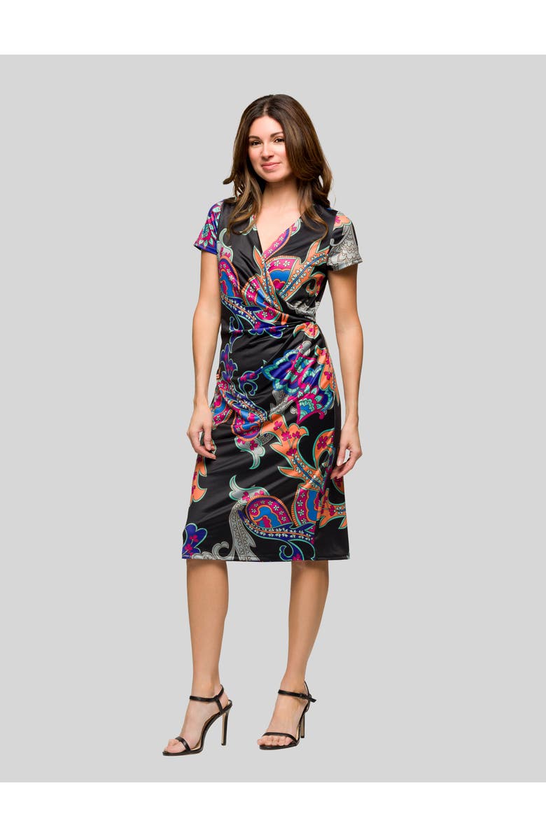 24seven Comfort Apparel Black Paisley Knee Length Short Sleeve Faux Wrap Dress, Alternate, color, Black Multi