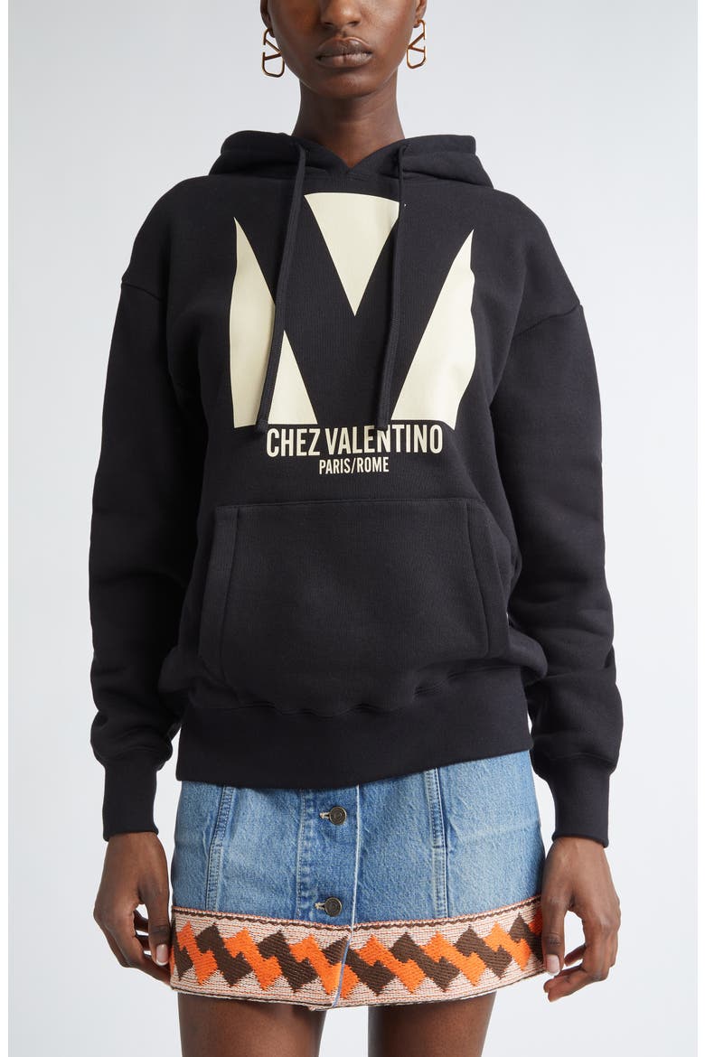 Chez Valentino Oversize Fleece Graphic Hoodie, Main, color, BLACK