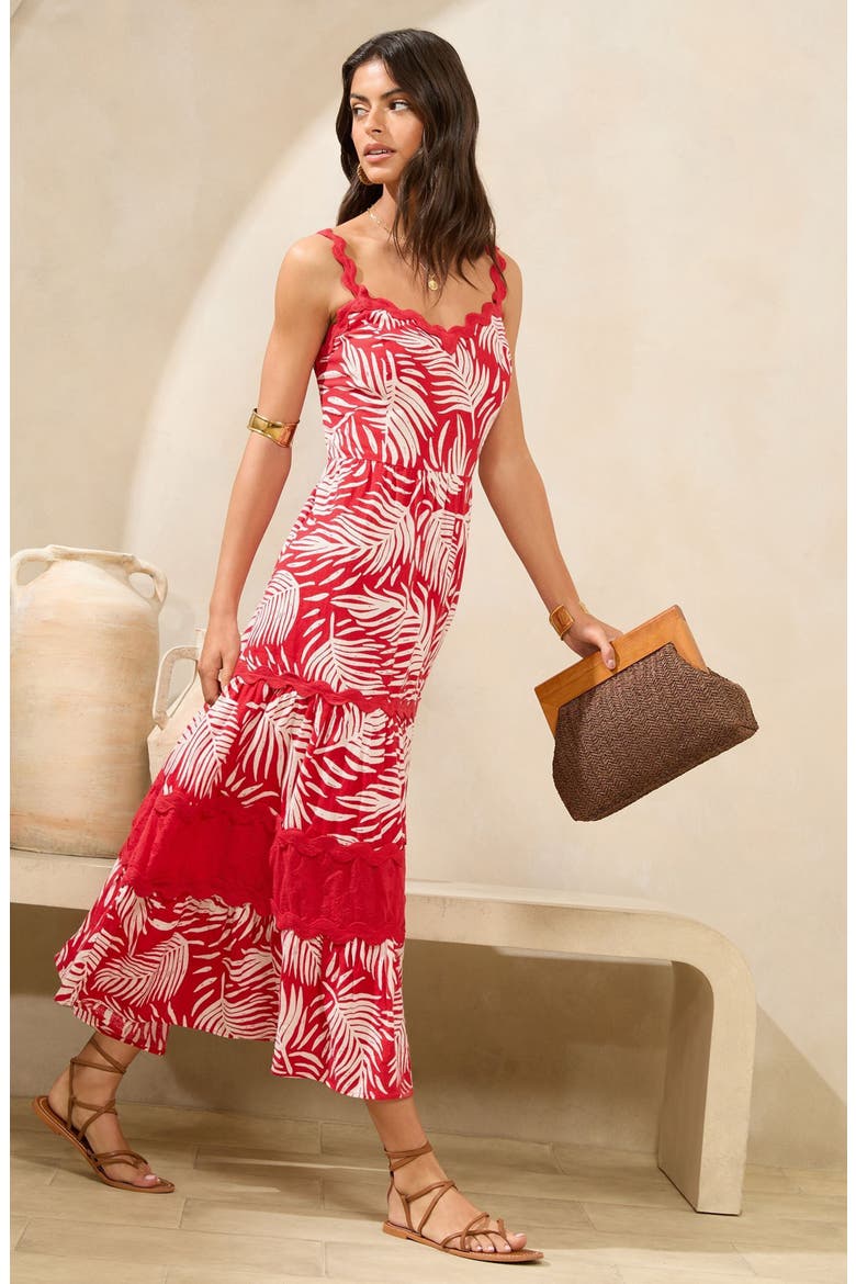 Palm Print Tiered Maxi Sundress, Alternate, color, RED