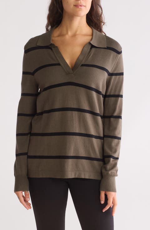 Fine Gauge Stripe Polo Sweater