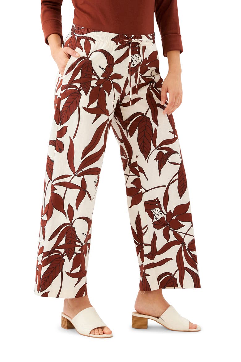 Floral Print Stretch Cotton Drawstring Wide Leg Pants, Alternate, color, BROWN PRINT