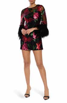 LIKELY Augustina Sequin Floral & Ostrich Feather Trim Long Sleeve Cocktail Minidress