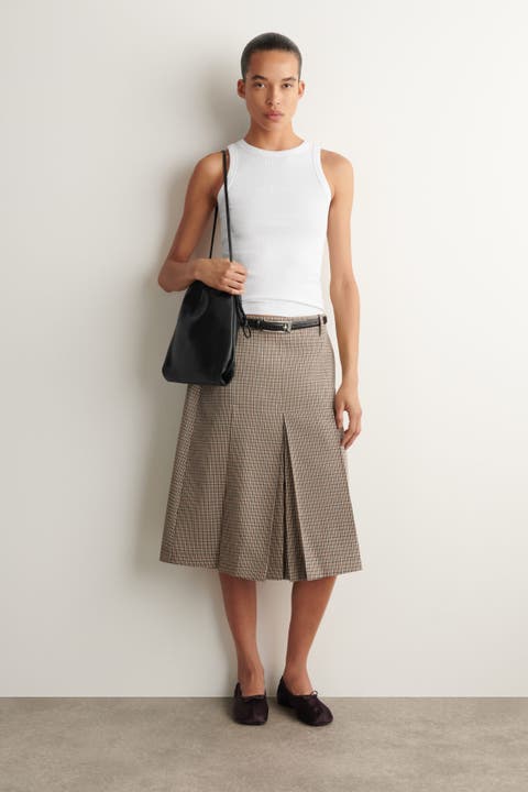 Box-pleat Checked Wool Midi Skirt