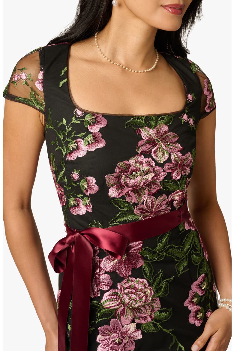 Embroidered Floral Column Gown with Ribbon Tie Belt, Alternate, color, BLACK MULTI