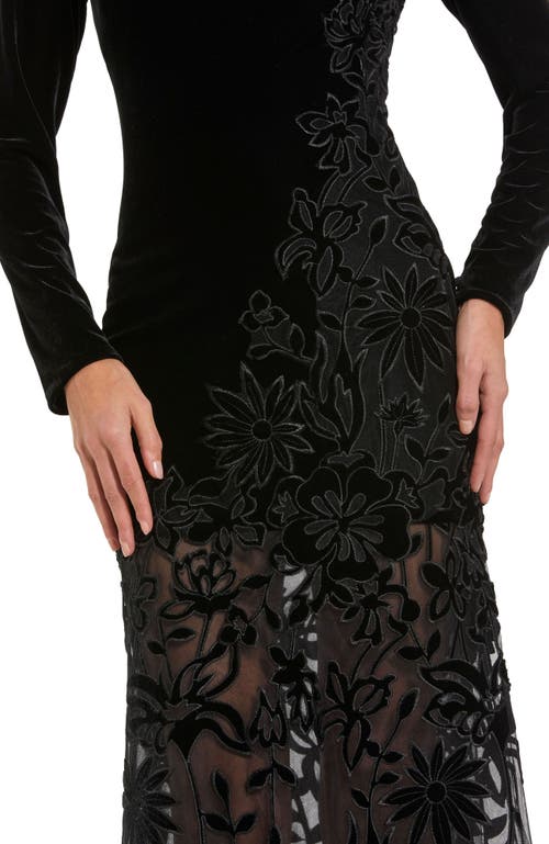 Mac Duggal Long Sleeve Sheer Floral Embroidered Velvet Gown In Black