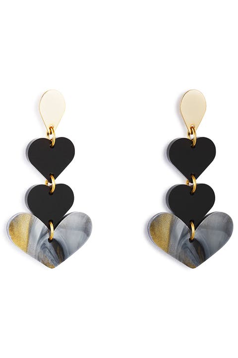 Heart Drop Earrings - Black