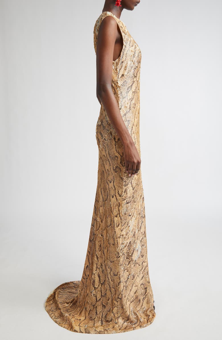 Dries Van Noten Snakeskin Effect Sequin Gown, Alternate, color, Beige