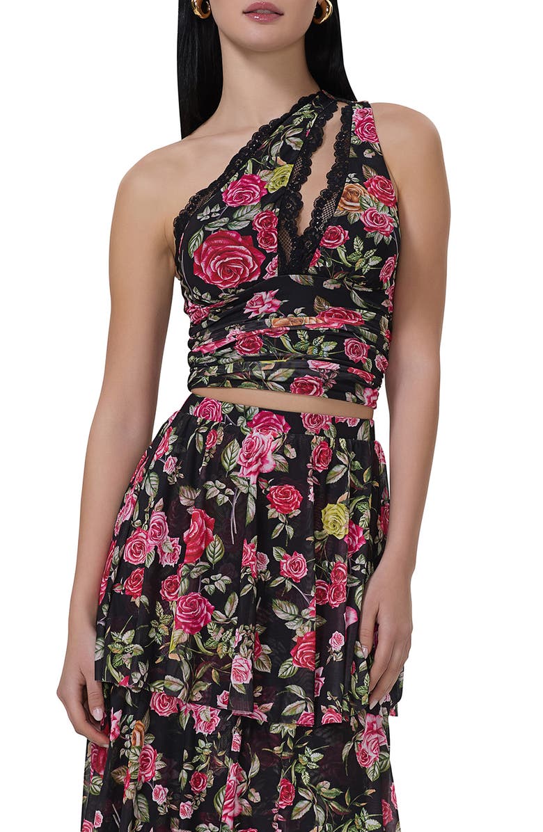 AFRM Delany Floral Ruched One-Shoulder Crop Top, Main, color, Wallpaper Rose