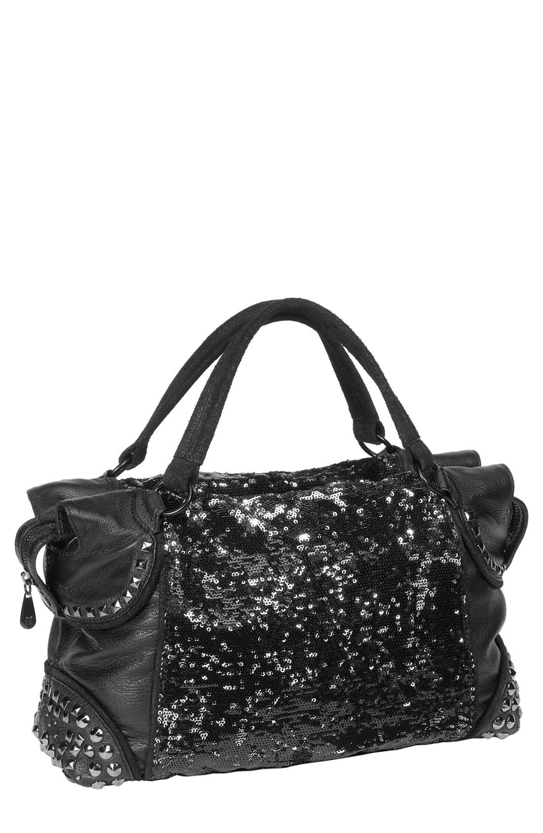 BCBGMAXAZRIA Reversible Sequin Faux Leather Satchel, Main, color, 