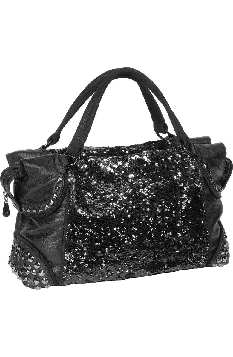 BCBGMAXAZRIA Reversible Sequin Faux Leather Satchel, Main, color,
