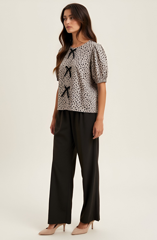 Modenaire Puff Sleeve Blouse With Velvet Bow Accents And Crew Neckline In Multi