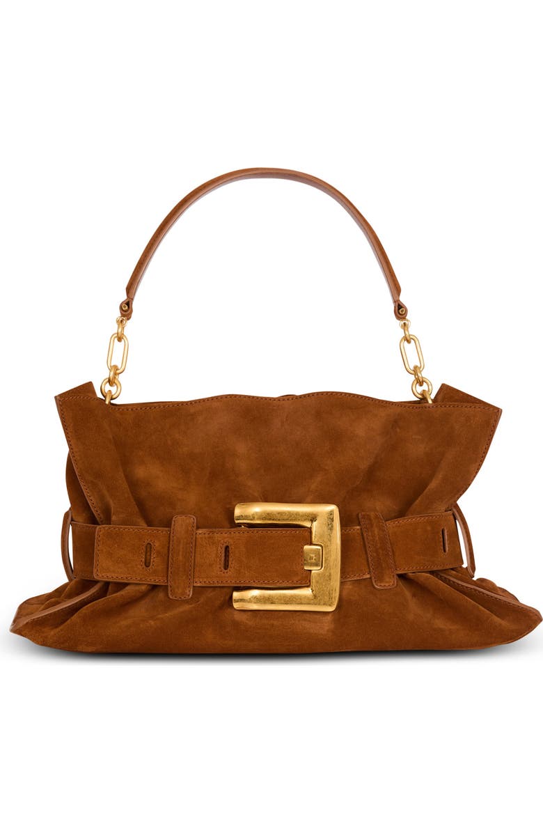 Balmain Anthem Medium suede leather bag, Main, color, Brown
