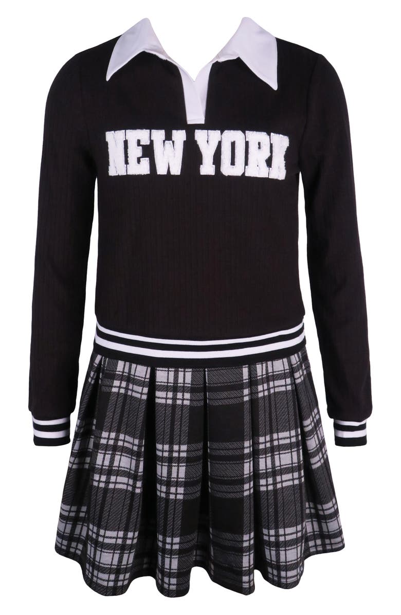 Zunie Kids' New York Collared Sweater & Plaid Skirt Set, Main, color, Black/ White