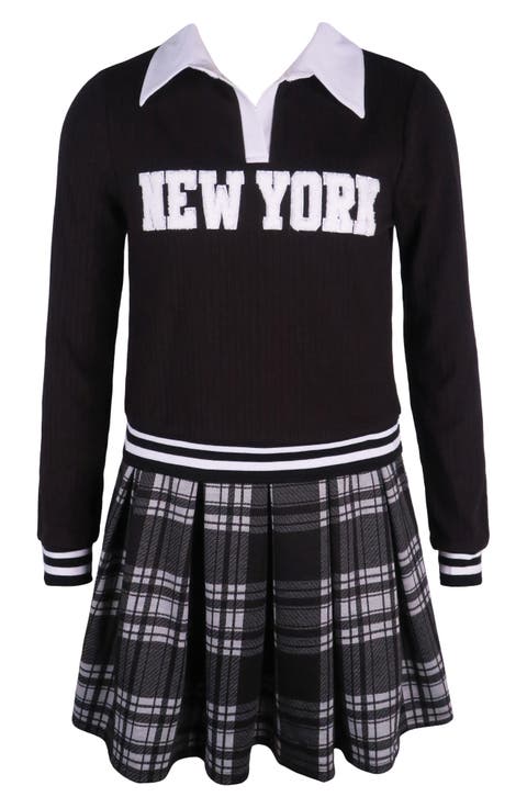 Kids' New York Collared Sweater & Plaid Skirt Set (Big Kid)
