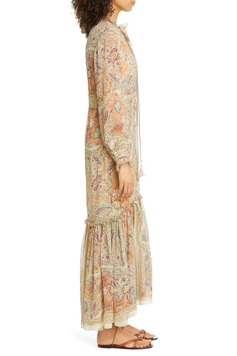 Paisley Long Sleeve Silk Maxi Dress, Alternate, color, 990 WHITE
