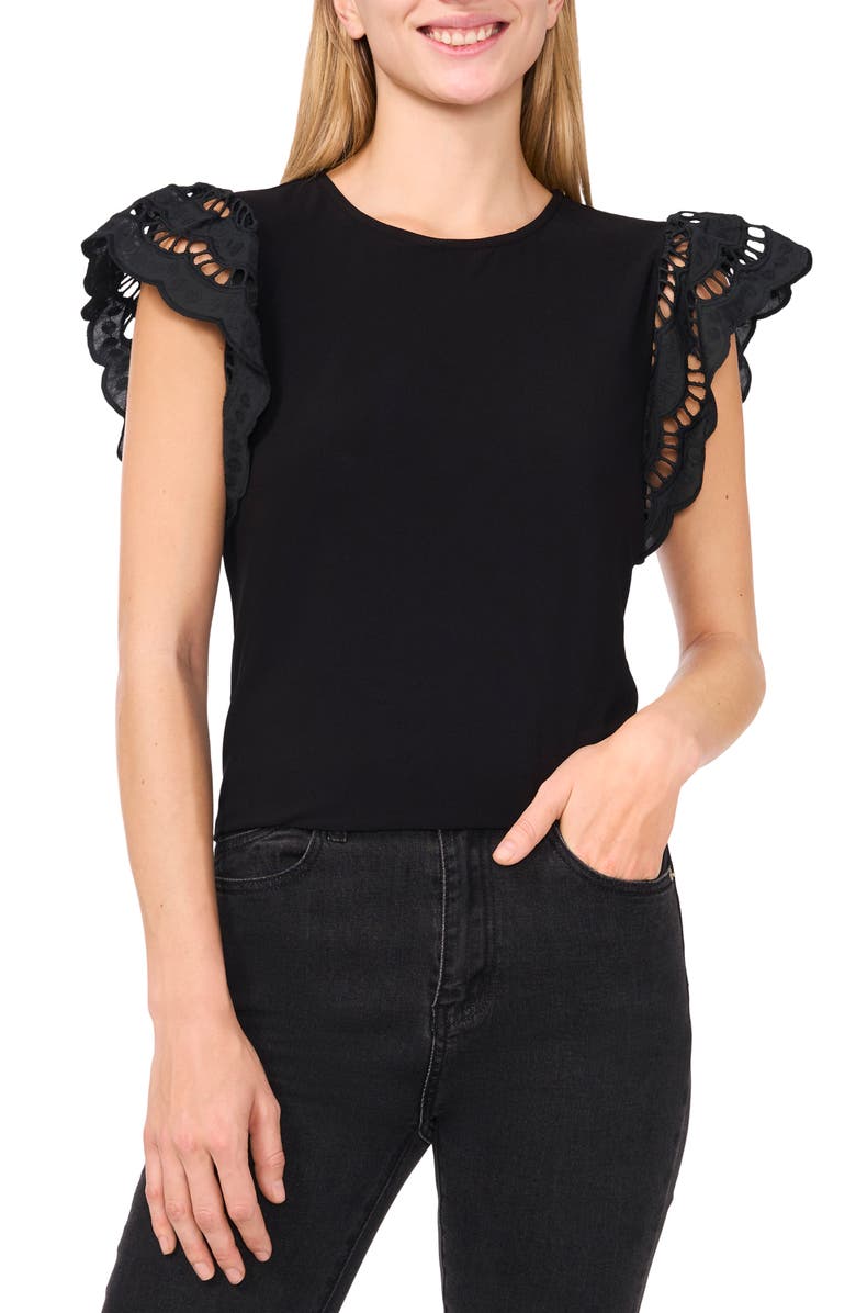 CeCe Embroidered Flutter Sleeve Mixed Media Top, Main, color, Rich Black