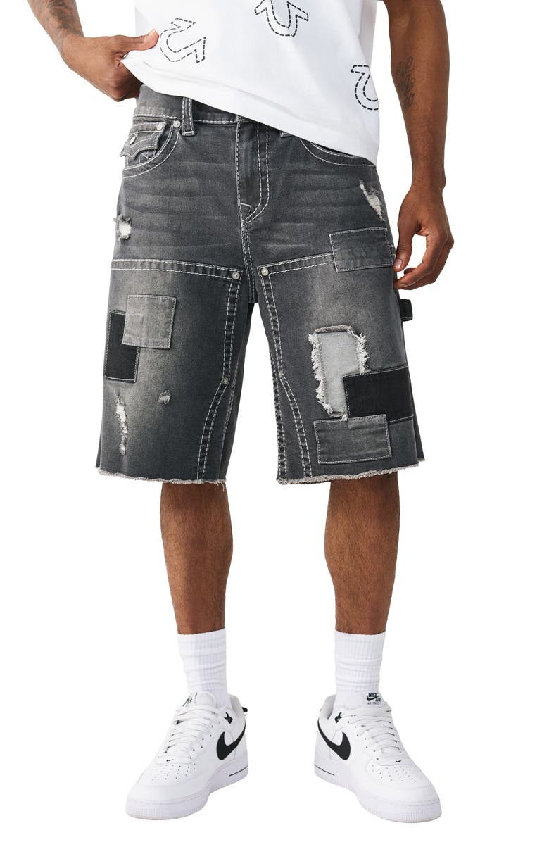 True Religion Vinny Big T Frayed Denim Carpenter Shorts, Main, color, Carbon Shine Black Wash