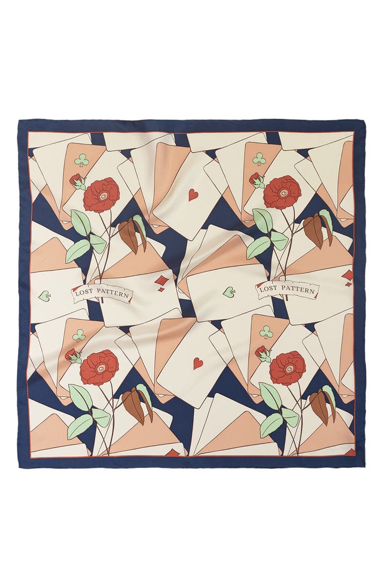Lost Pattern Camellia Silk Square Bandana, Alternate, color, Navy
