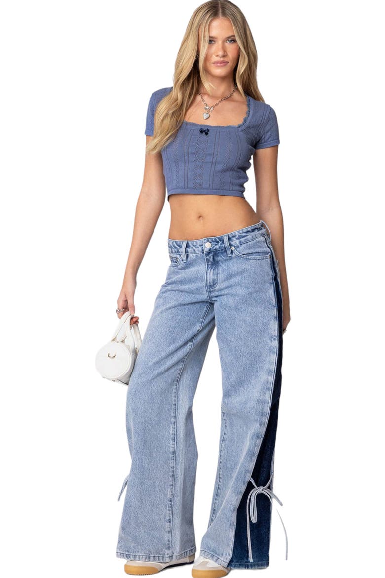 Luciana Pointelle Lace Trim Crop Top, Alternate, color, BLUE
